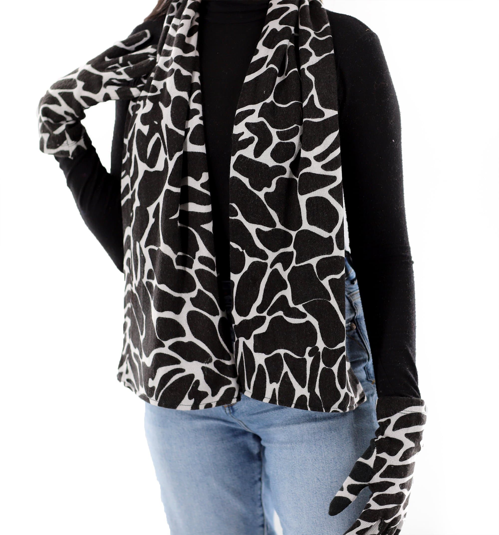 Giraffe Print Scarf and Glove Set-Black/White - Set - La Fiorentina 9001G