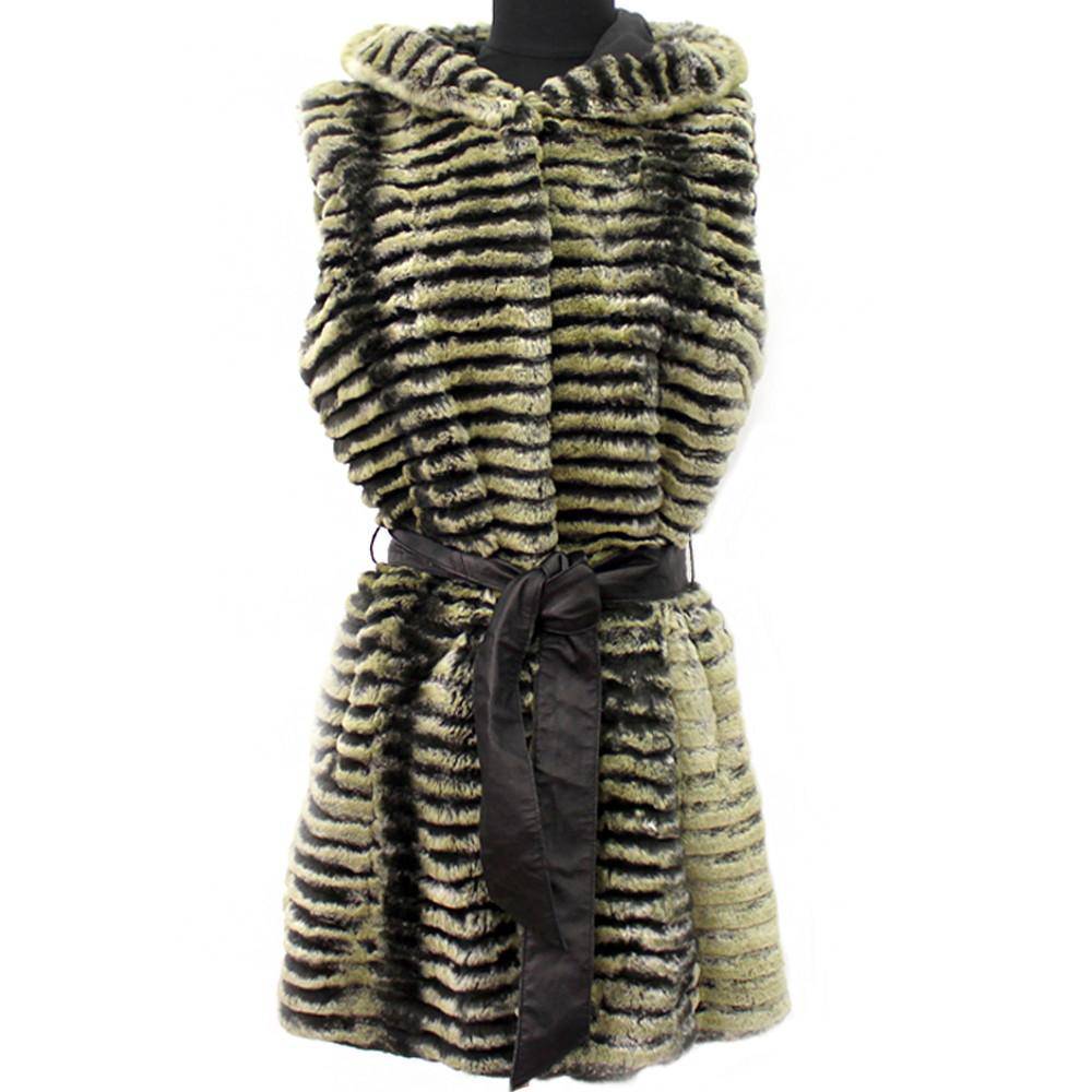 Green/Black Rabbit Fur Vest With Hood - Fur Vest - La Fiorentina TYR-1301