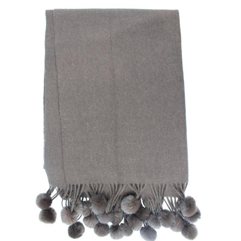 Grey Wrap with Rabbit Fur Pom Poms - Fur Muffler - La Fiorentina 0101WRP