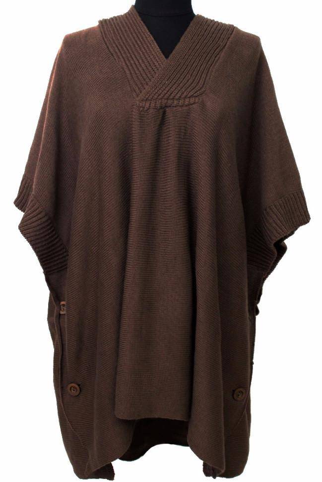 Hooded Poncho With Button Detail - Ruana - La Fiorentina, Brown NF020806BB_-2