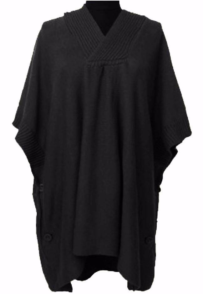 Hooded Poncho With Button Detail - Ruana - La Fiorentina, Black NF020806BB_-3