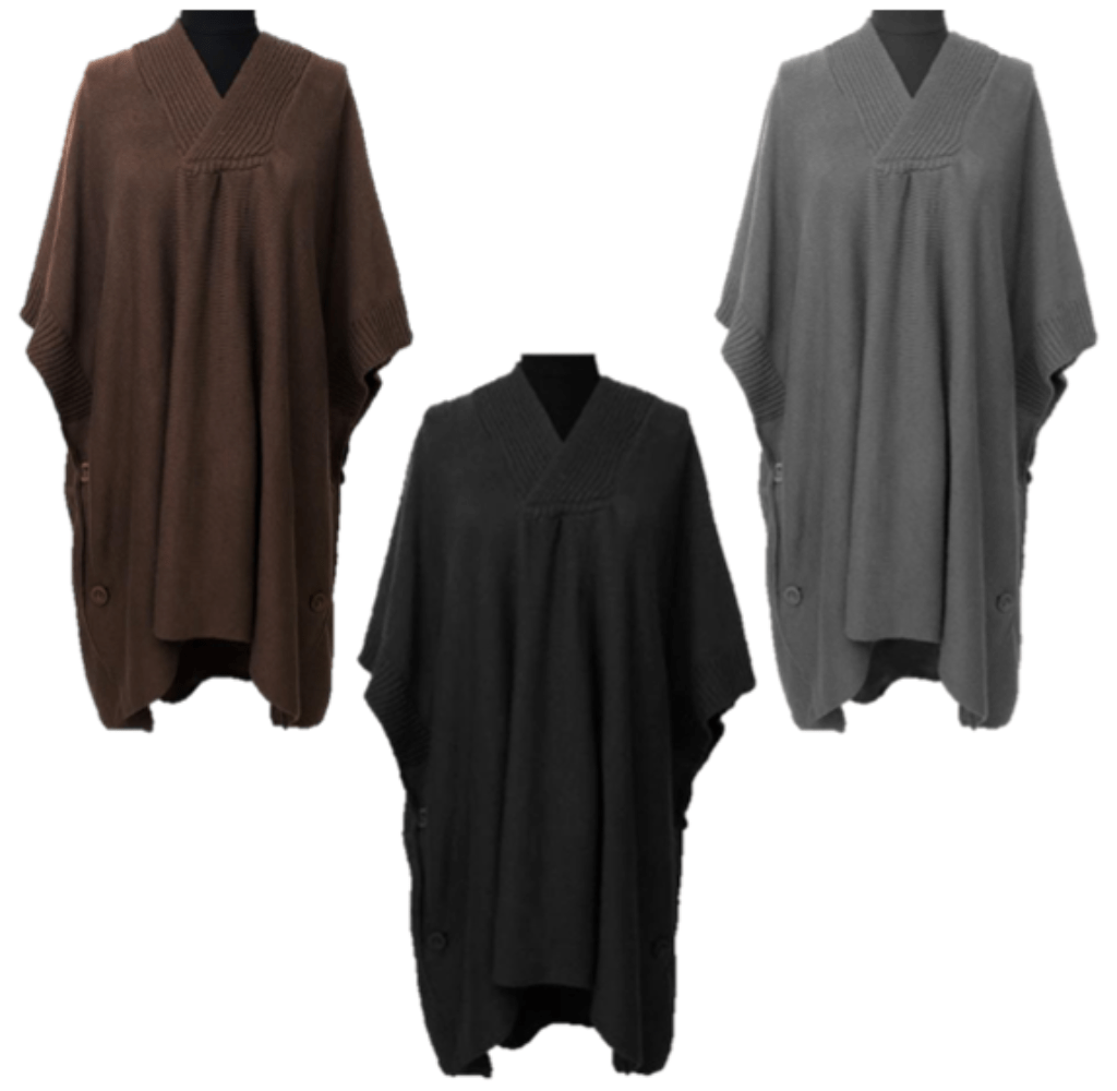 Hooded Poncho With Button Detail - Set of 3 - Ruana - La Fiorentina NF020806BB_Black
