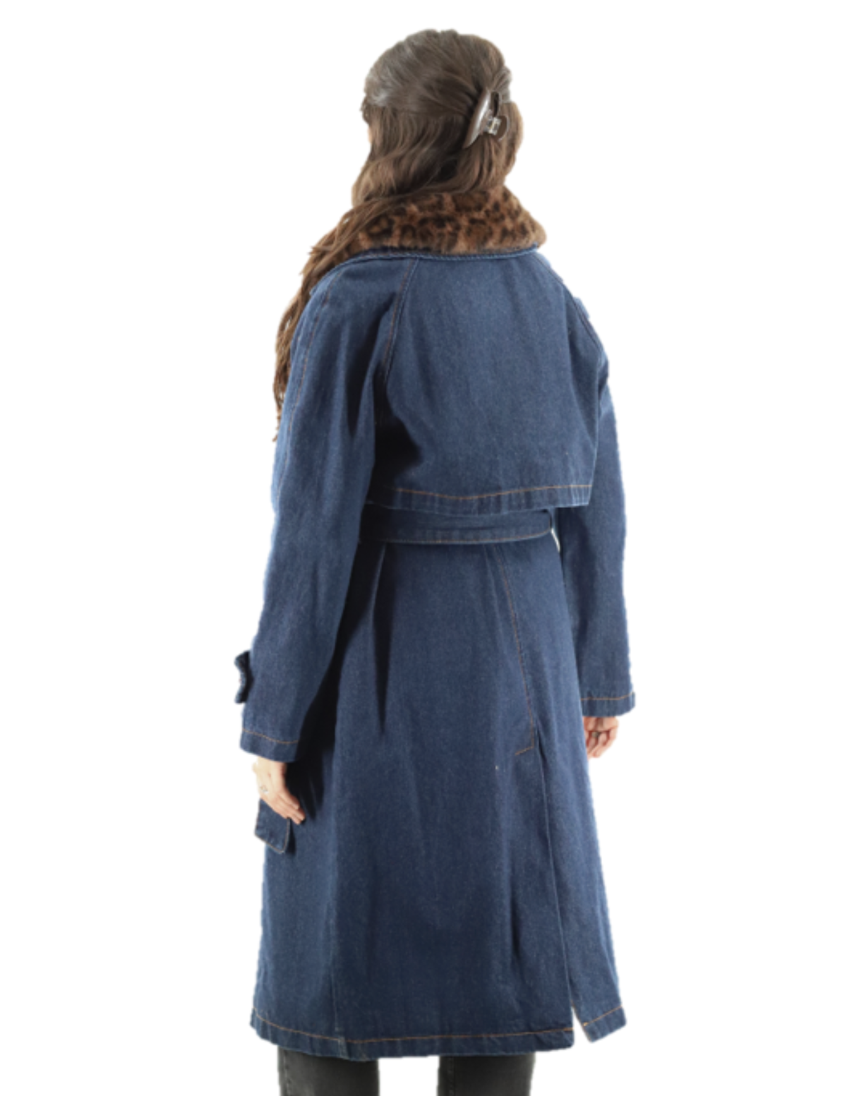 Denim Trench with Faux Fur Collar (549-CAM26831) - Outerwear - La Fiorentina