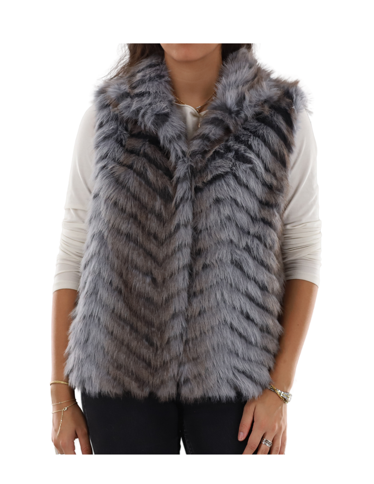 Two Tone Striped Vest - NF362308 - Faux Fur Vest - La Fiorentina