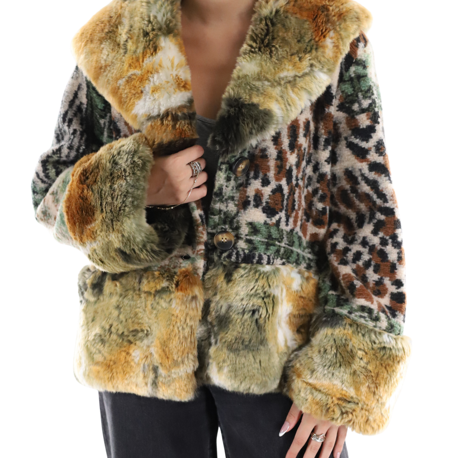 Abstract Print Coat with Faux Fur Trim- 020-CAM25613 - Outerwear - La Fiorentina