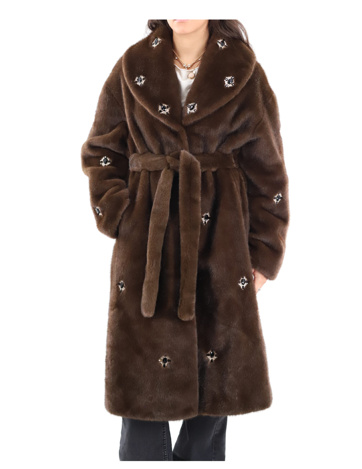 Faux Fur Coat with Jewels (237-CAM26904) - Outerwear - La Fiorentina