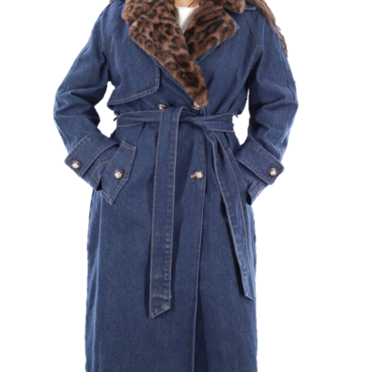 Denim Trench with Faux Fur Collar (549-CAM26831) - Outerwear - La Fiorentina