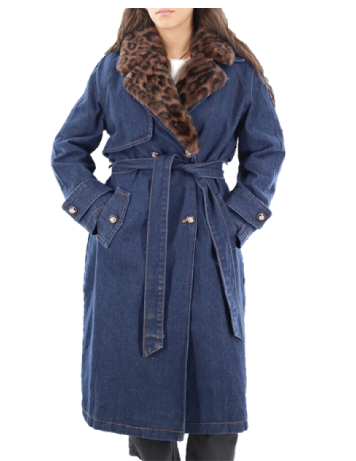 Denim Trench with Faux Fur Collar (549-CAM26831) - Outerwear - La Fiorentina