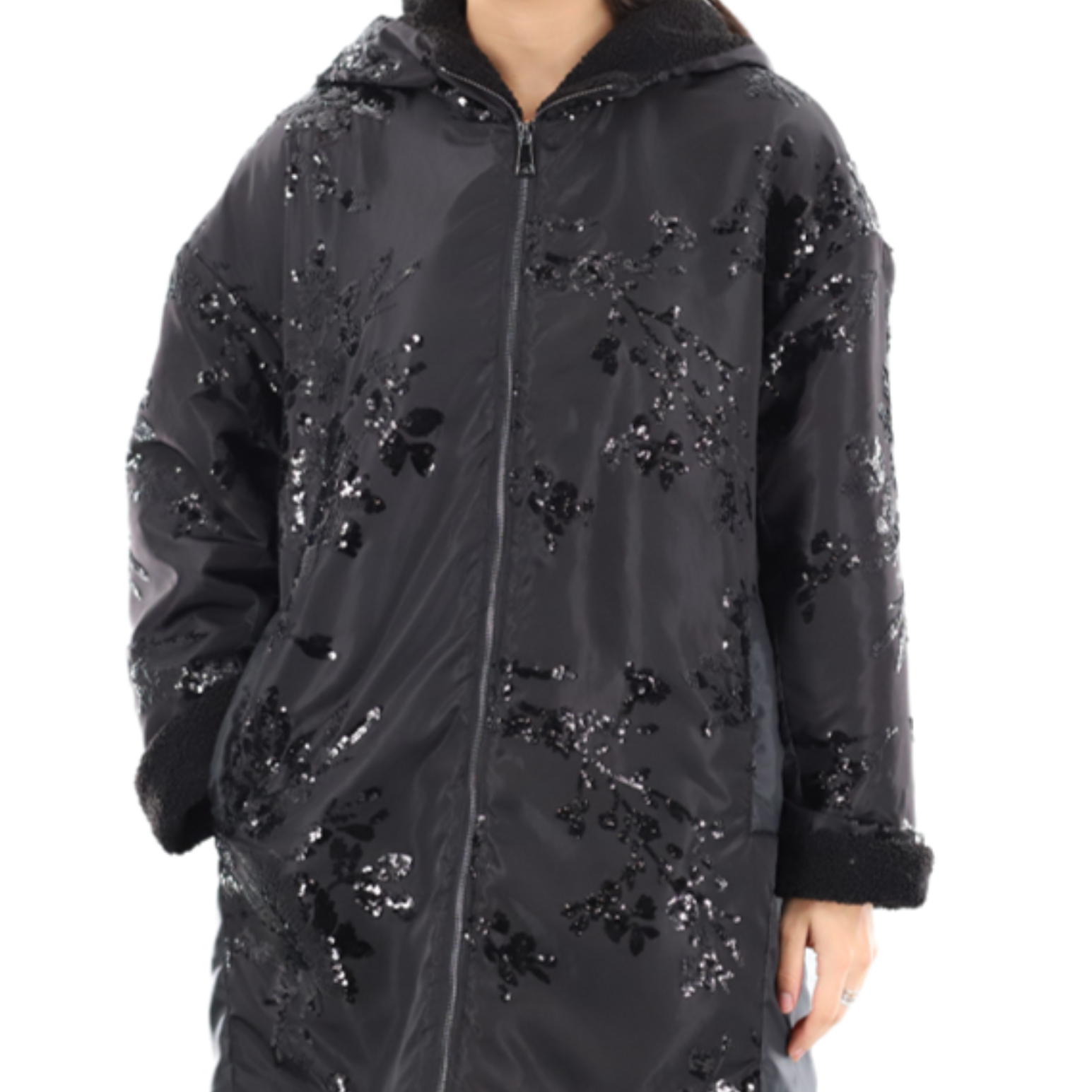 Jacket with Sequin Detail + Sherpa Lining w/ Hood (AF-2602) - Outerwear - La Fiorentina