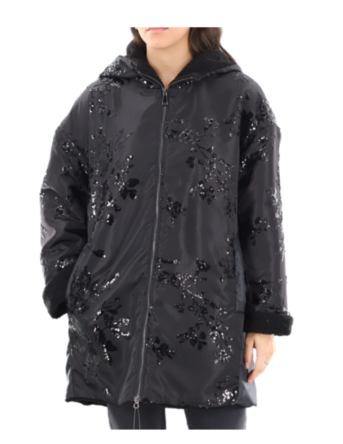 Jacket with Sequin Detail + Sherpa Lining w/ Hood (AF-2602) - Outerwear - La Fiorentina