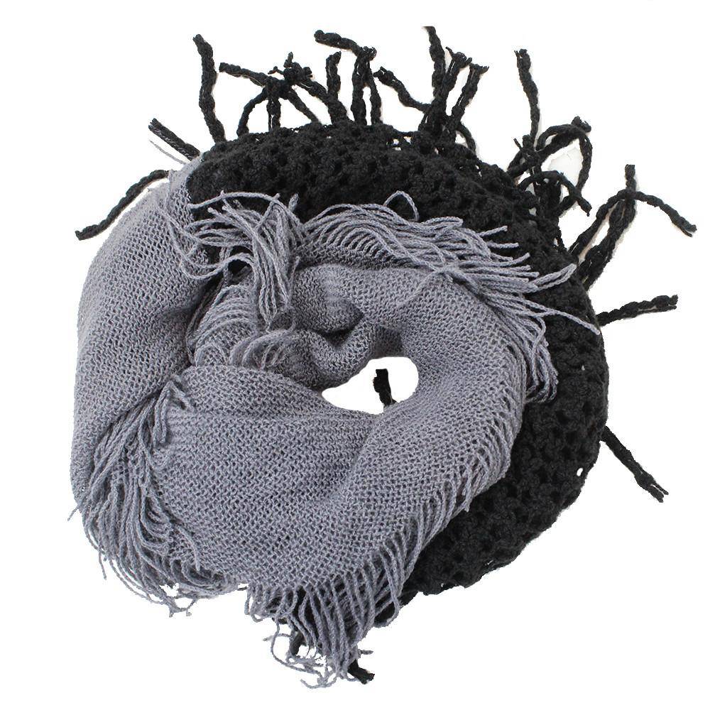 Infinity Scarf w/ Open Knit & Fringe-Black/Grey - Scarf - La Fiorentina TYE-1147-F14