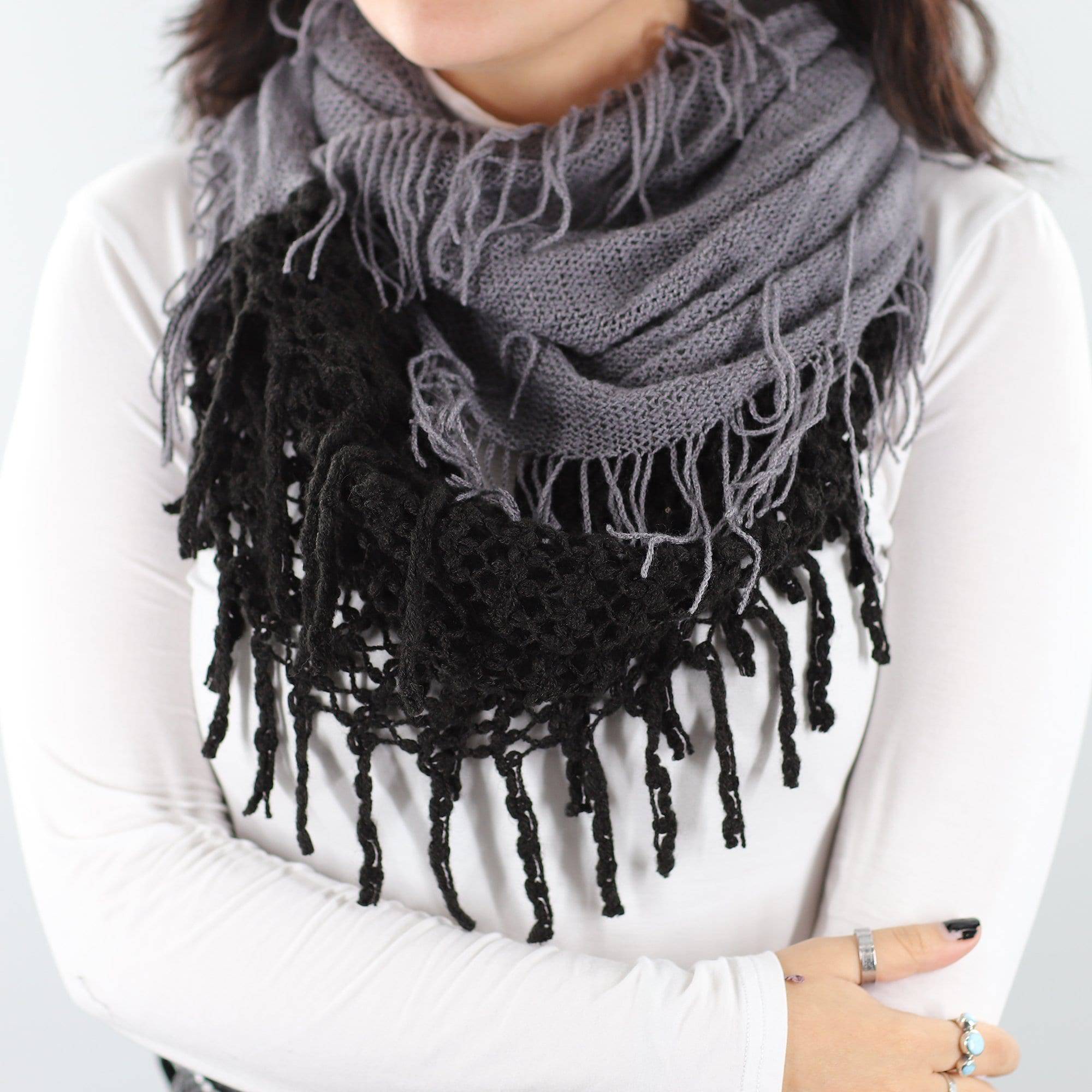 Infinity Scarf w/ Open Knit & Fringe-Black/Grey - Scarf - La Fiorentina TYE-1147-F14