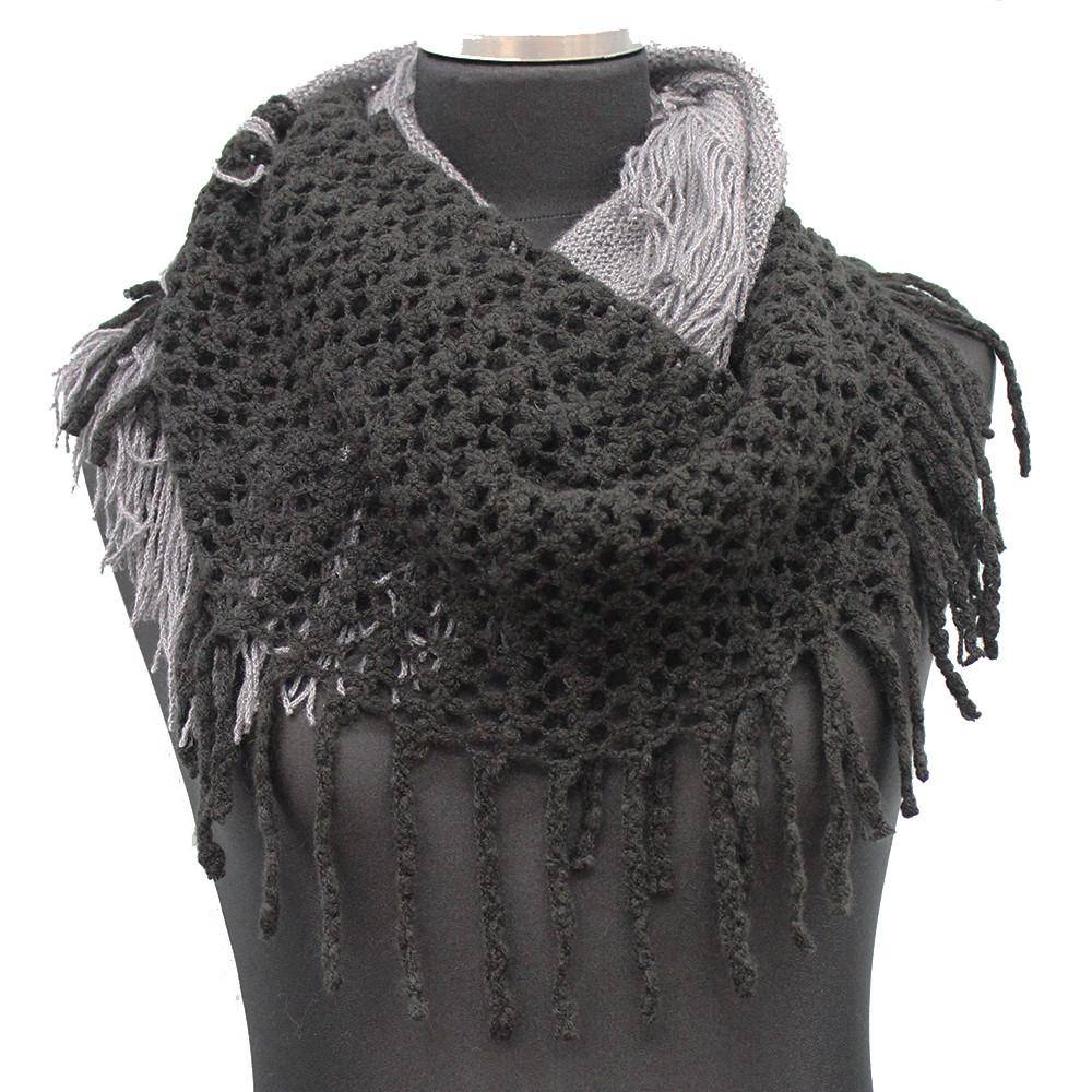 Infinity Scarf w/ Open Knit & Fringe-Black/Grey - Scarf - La Fiorentina TYE-1147-F14