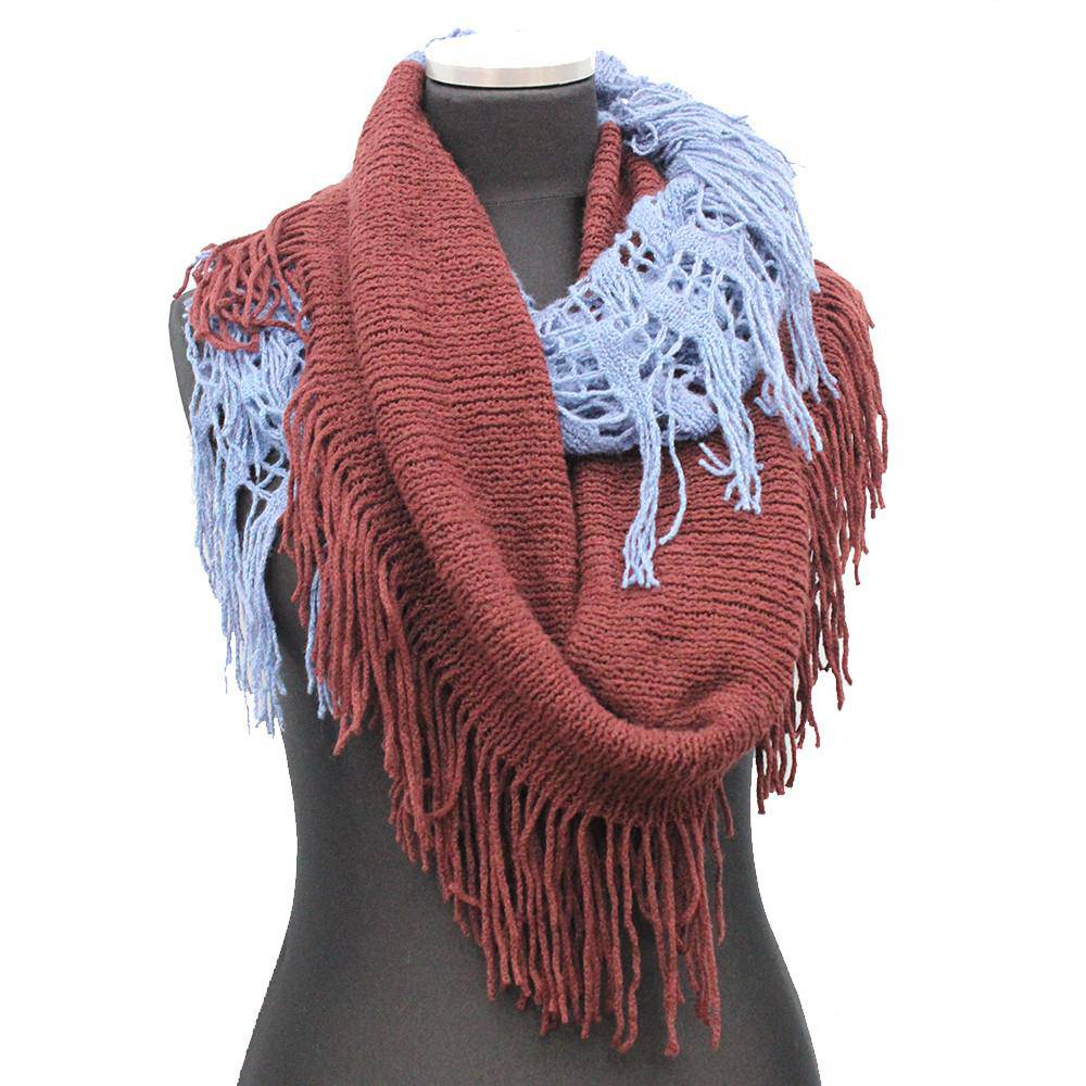 Infinity Scarf w/ Open Knit & Fringe - Blue/Brown - Scarf - La Fiorentina TYE-1147-F14