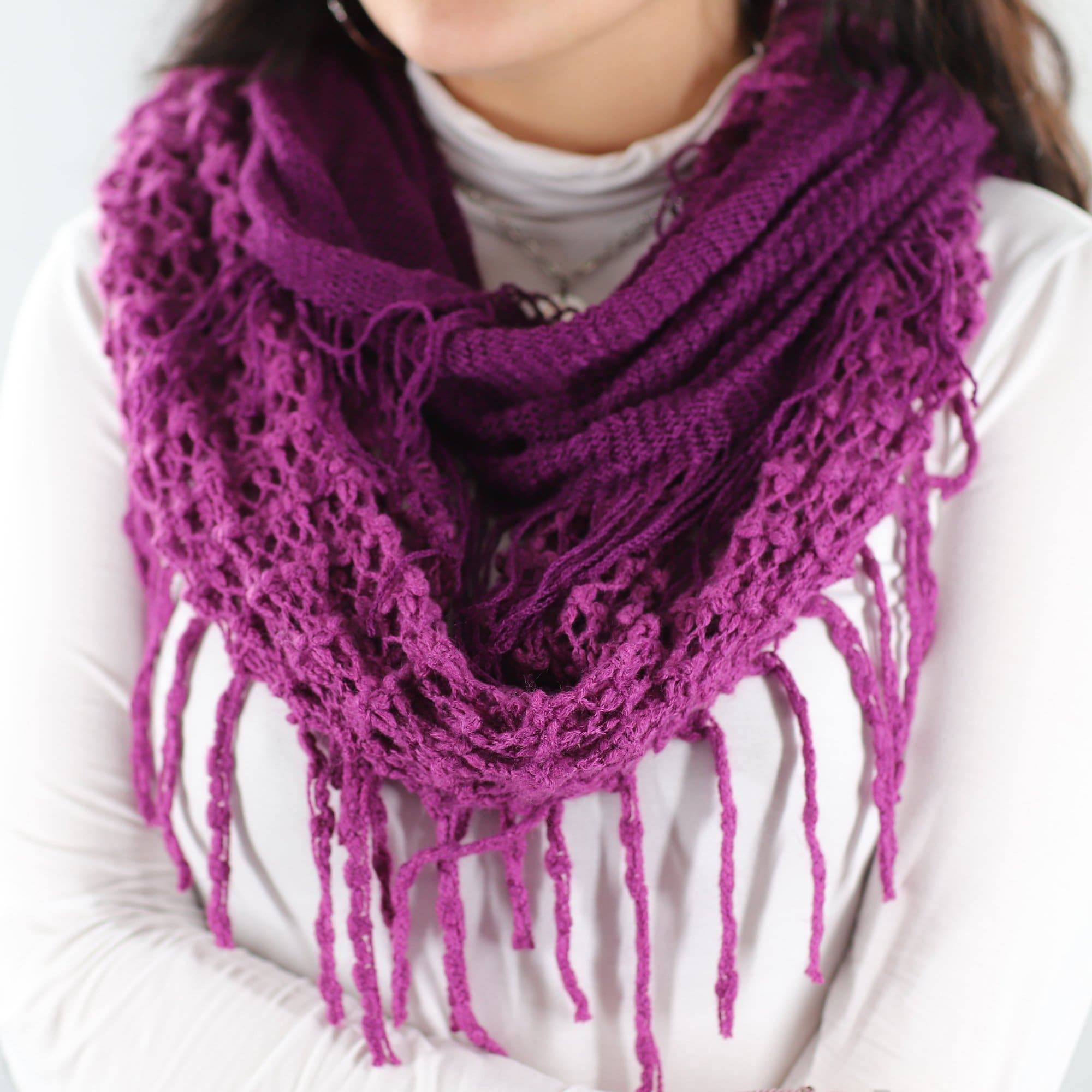 Infinity Scarf w/ Open Knit & Fringe-Purple - Scarf - La Fiorentina TYE-1147-F14