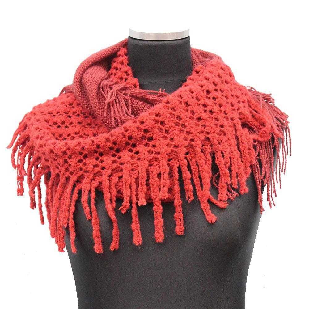 Infinity Scarf w/ Open Knit & Fringe - Terra Cotta/Burnt Sienna - Scarf - La Fiorentina TYE-1147-F14