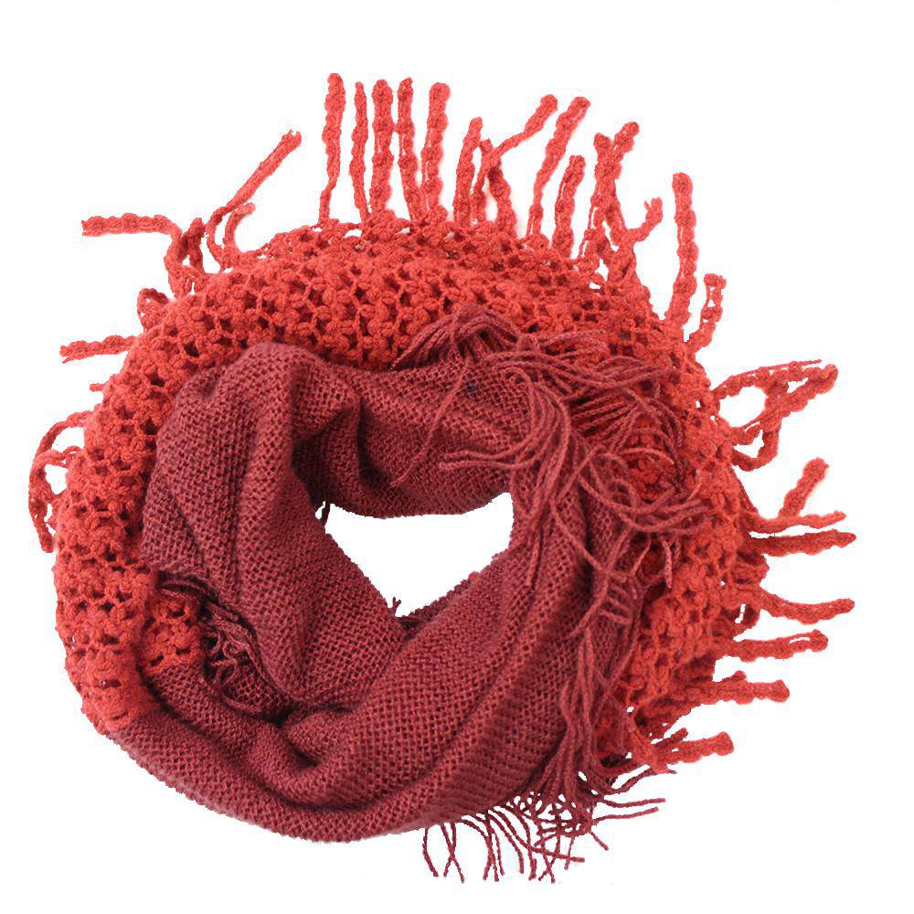 Infinity Scarf w/ Open Knit & Fringe - Terra Cotta/Burnt Sienna - Scarf - La Fiorentina TYE-1147-F14