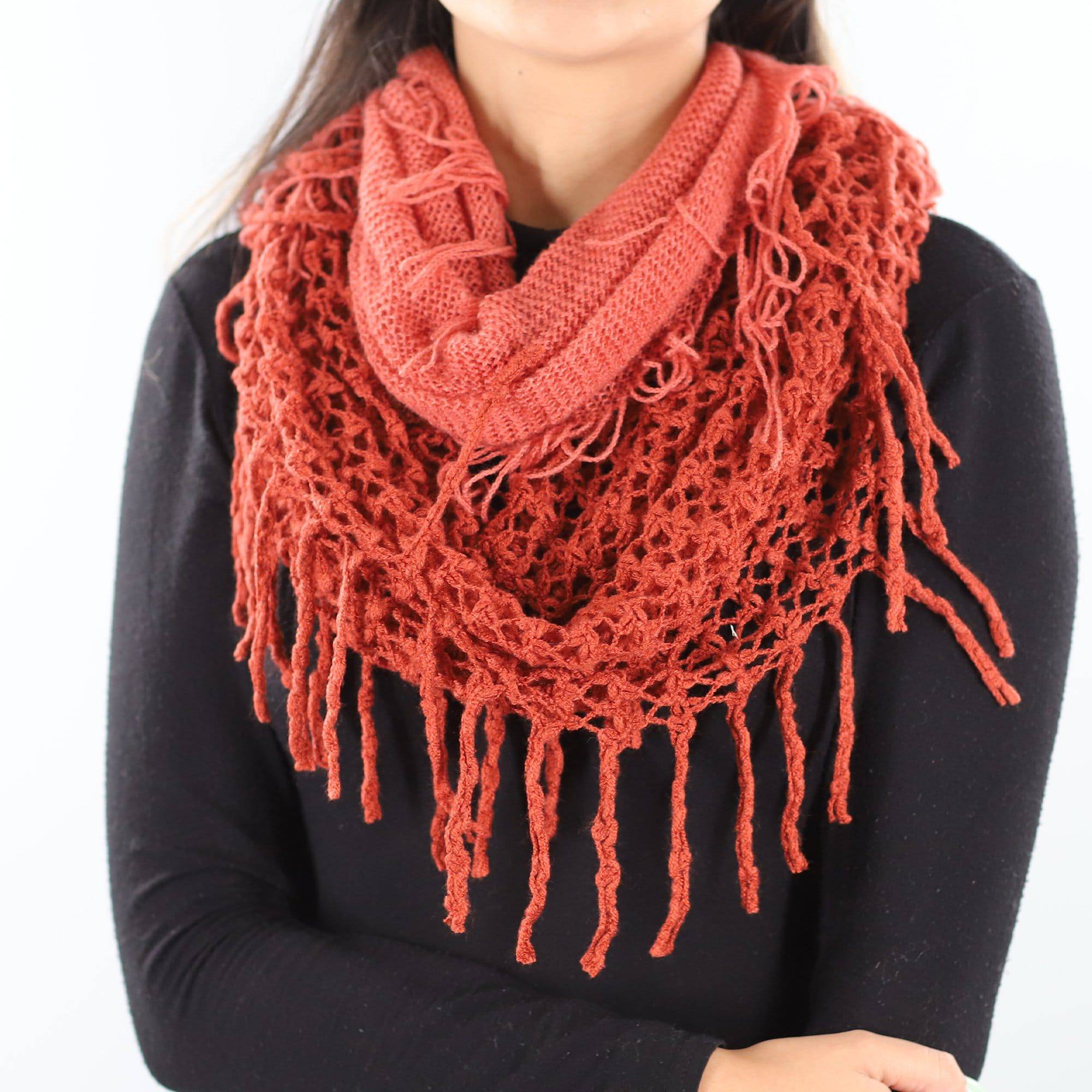 Infinity Scarf w/ Open Knit & Fringe - Terra Cotta/Burnt Sienna - Scarf - La Fiorentina TYE-1147-F14
