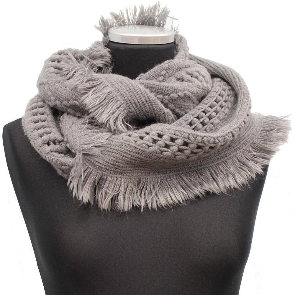 Knit Infinity Muffler w/ Fringe-Grey - Muffler - La Fiorentina 120871-F14