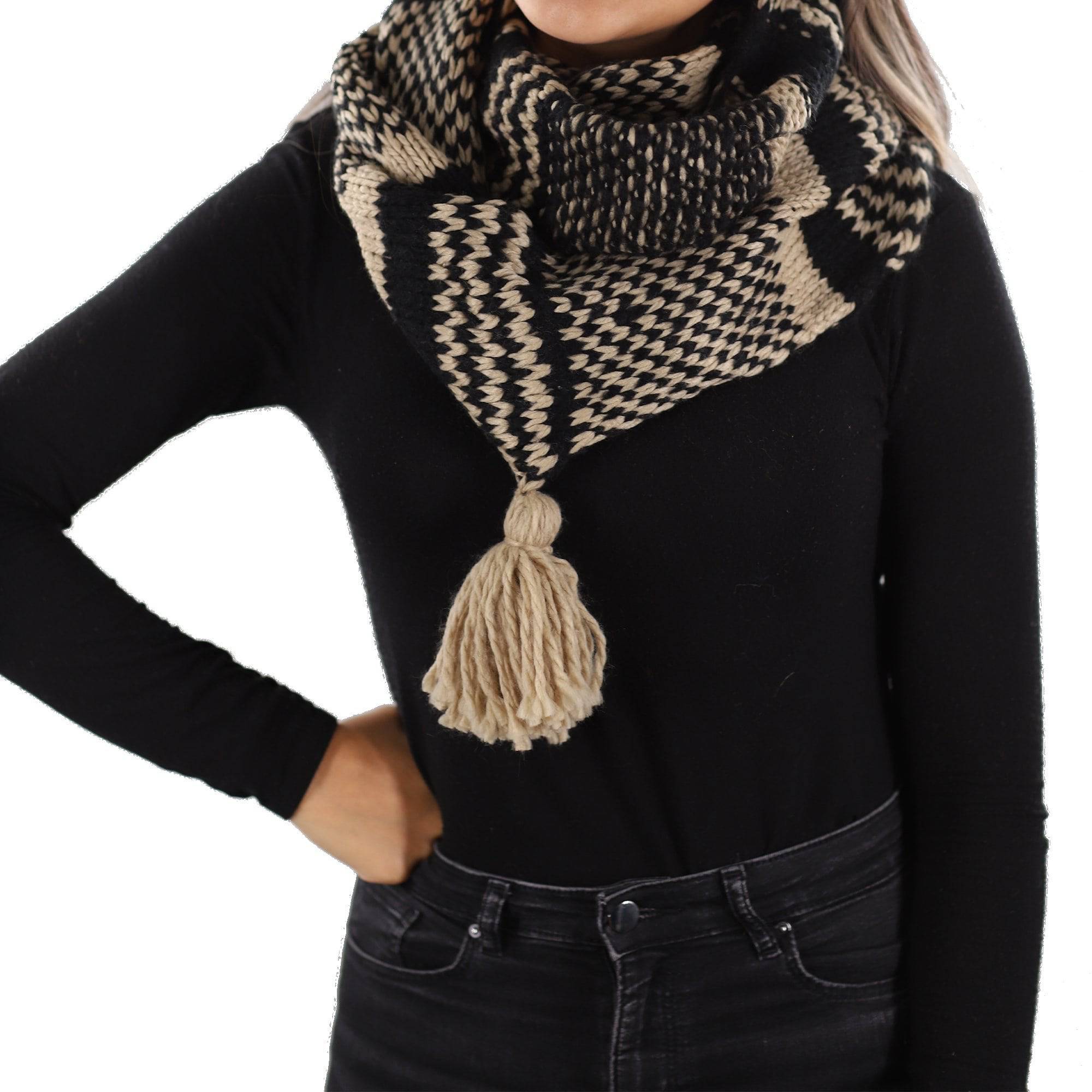 Knit Infinity Muffler w/ Tassel - Black/Oatmeal - Muffler - La Fiorentina KT13-11925