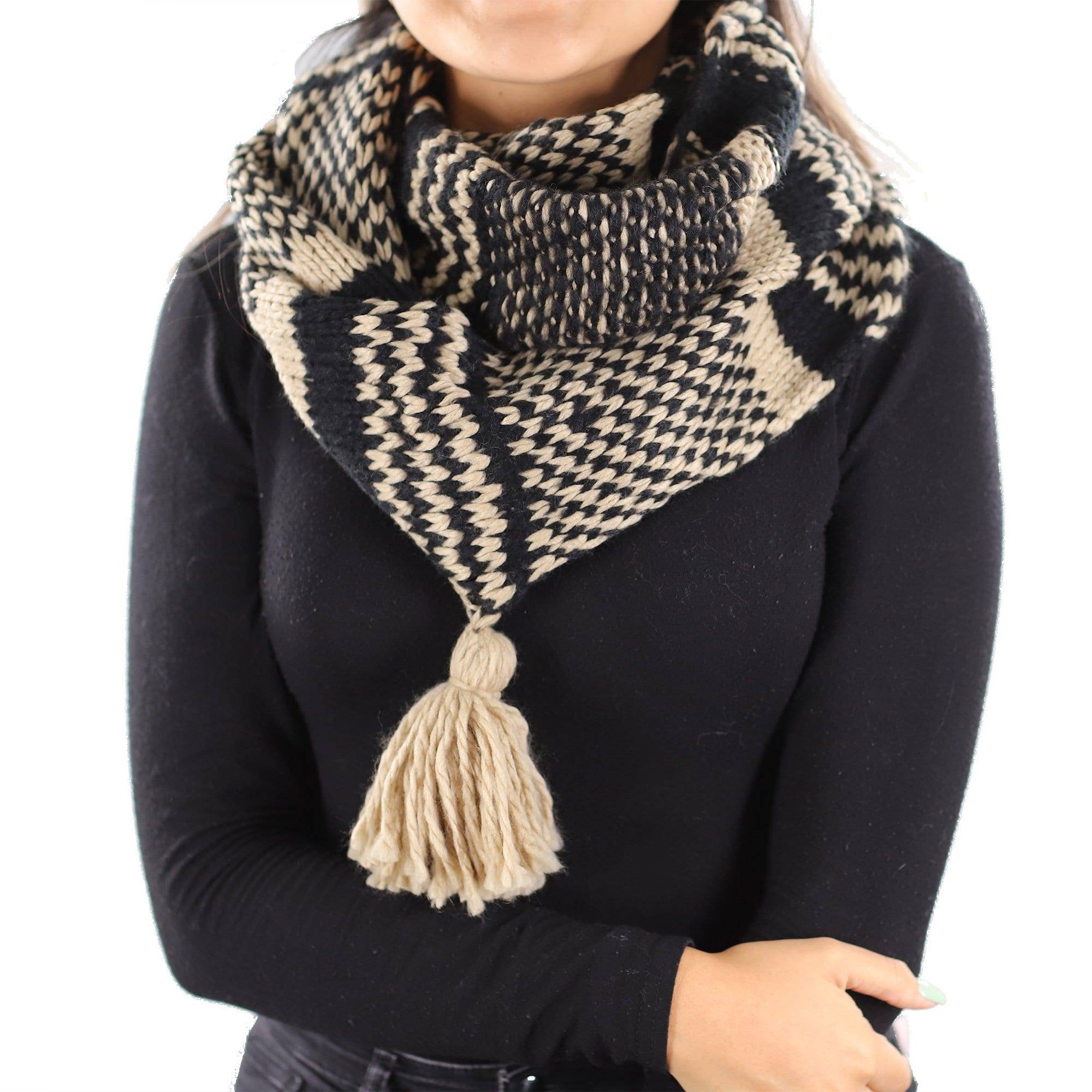 Knit Infinity Muffler w/ Tassel - Black/Oatmeal - Muffler - La Fiorentina KT13-11925
