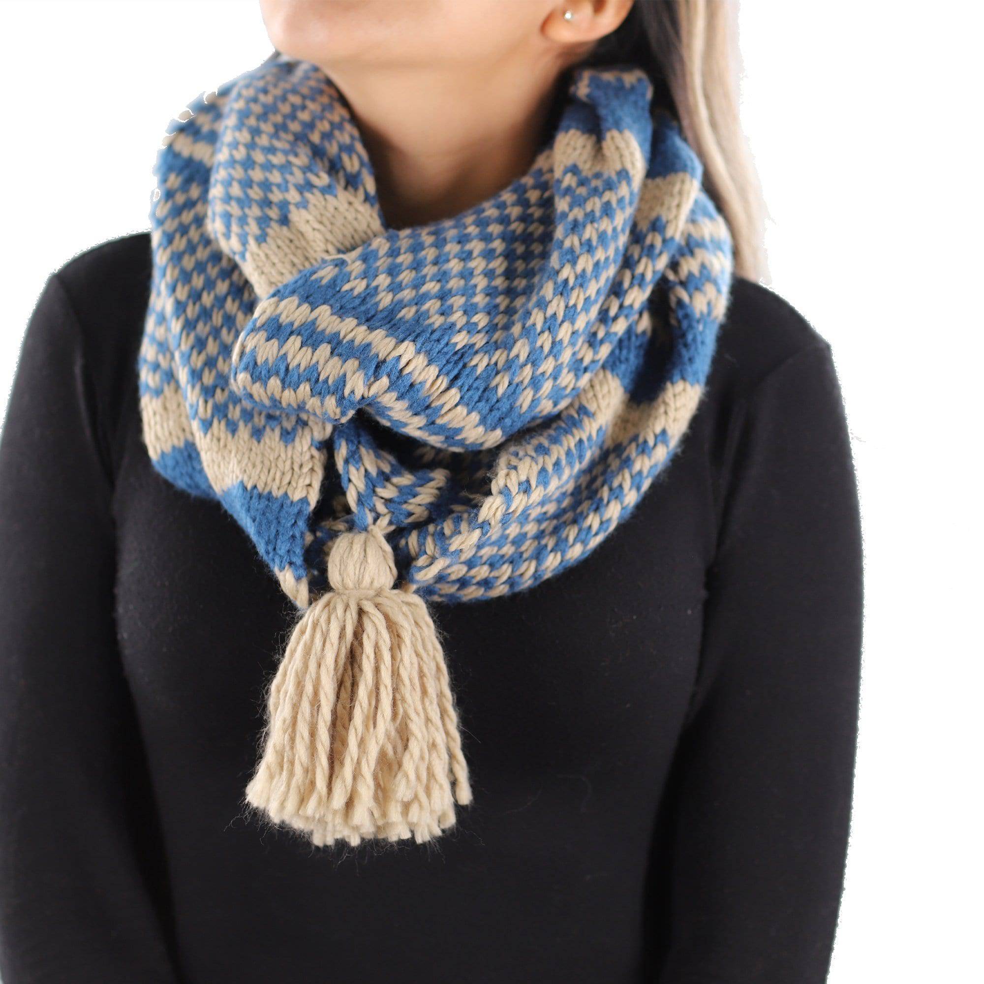 Knit Infinity Muffler w/ Tassel - Sapphire/Oatmeal - Muffler - La Fiorentina KT13-11925