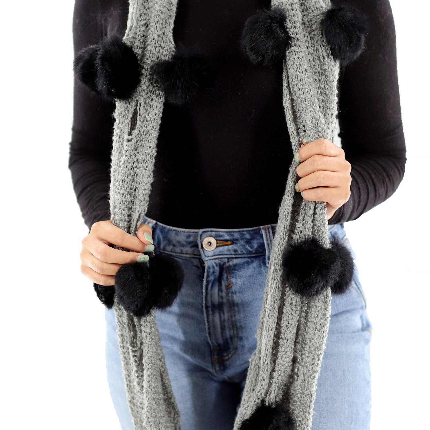 Knit Infinity Scarf w/ Rabbit Fur Pom Poms - Grey - Fur Muffler - La Fiorentina YY3668
