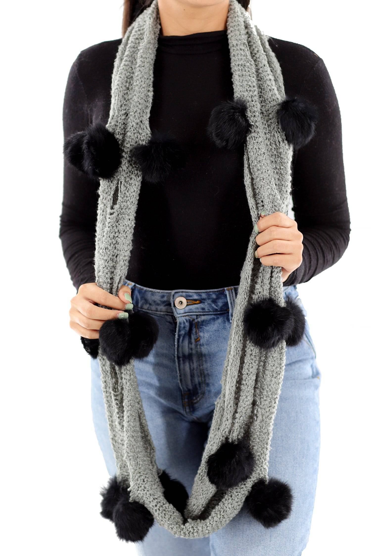 Knit Infinity Scarf w/ Rabbit Fur Pom Poms - Grey - Fur Muffler - La Fiorentina YY3668