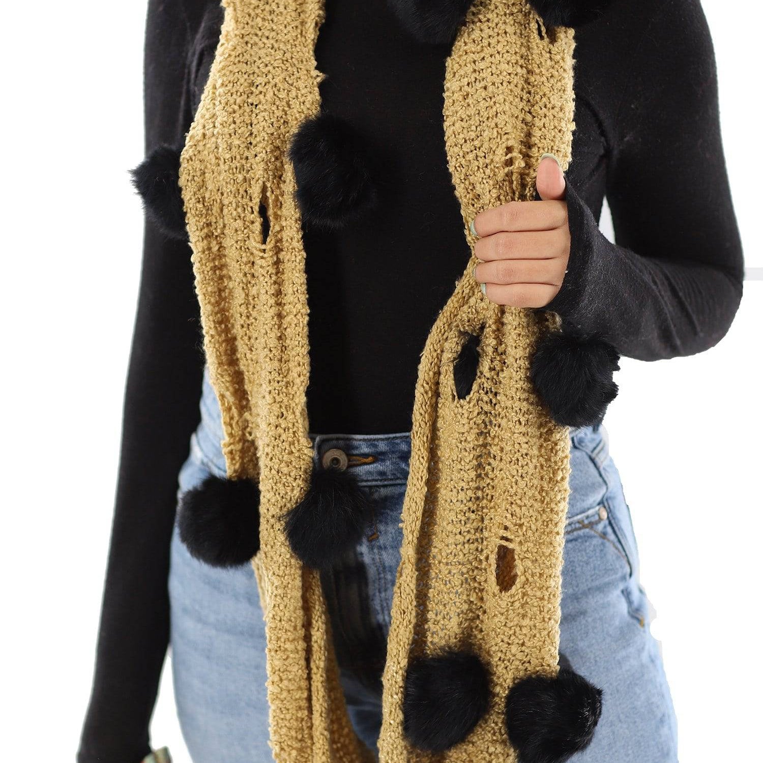 Knit Infinity Scarf w/ Rabbit Fur Pom Poms - Yellow - Fur Muffler - La Fiorentina YY3668