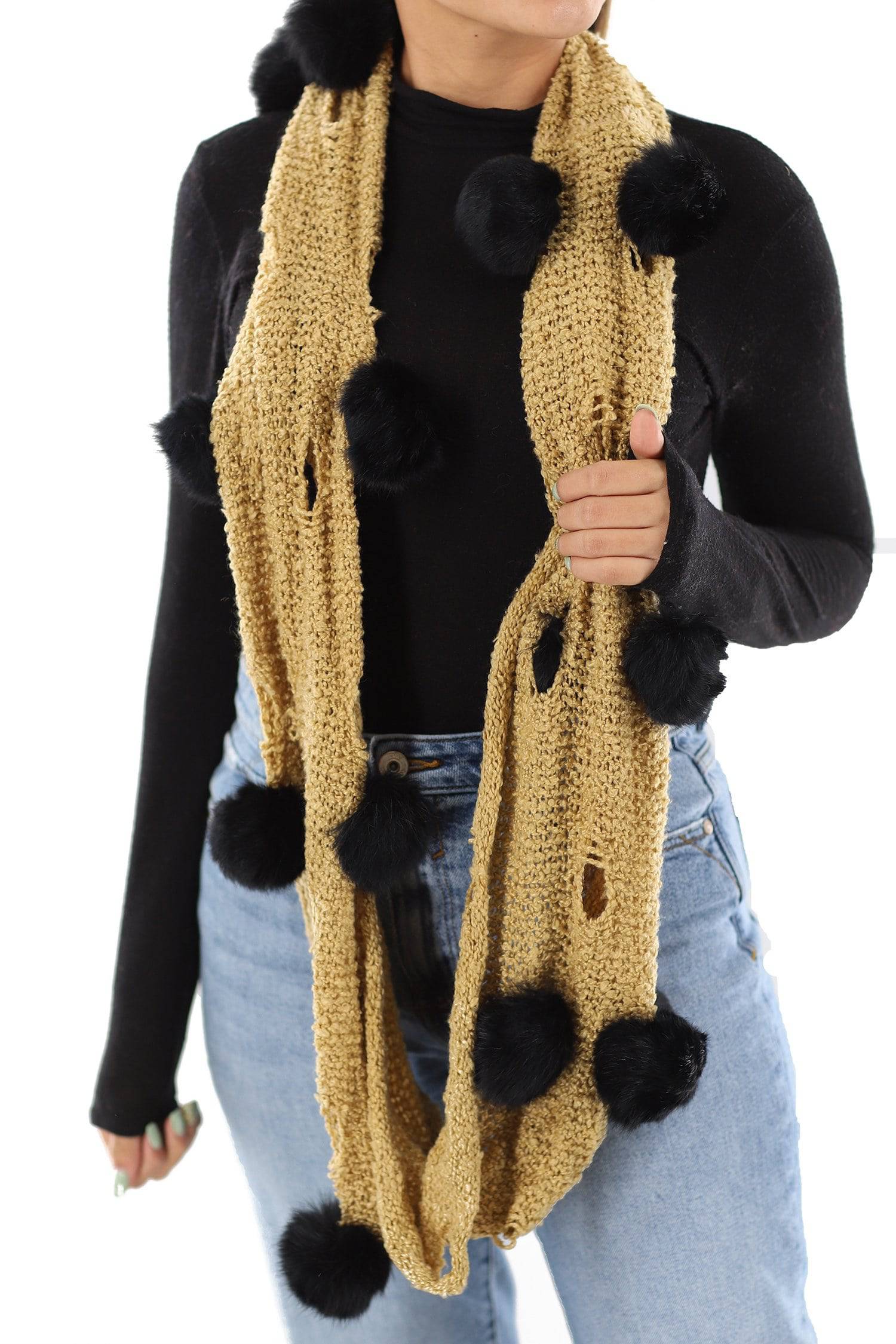 Knit Infinity Scarf w/ Rabbit Fur Pom Poms - Yellow - Fur Muffler - La Fiorentina YY3668
