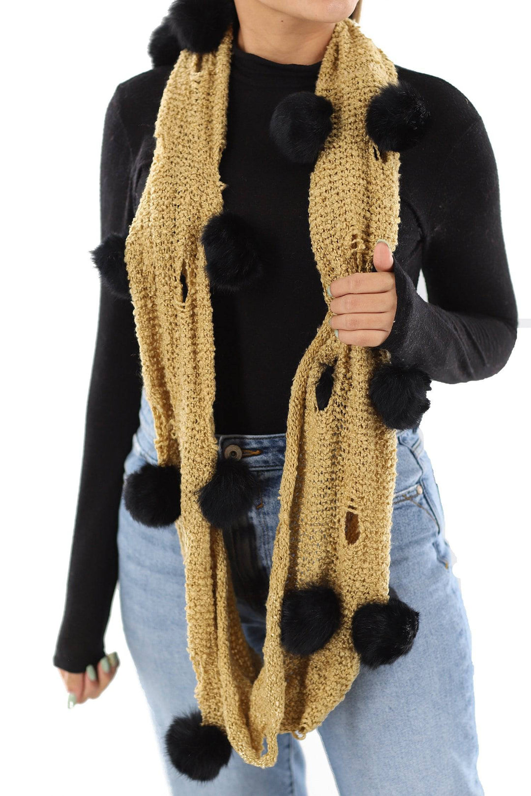 Luxury Classic Cejon Pom Pom Black Genuine Rabbit Fur 65 on sale inches Scarf NWT.