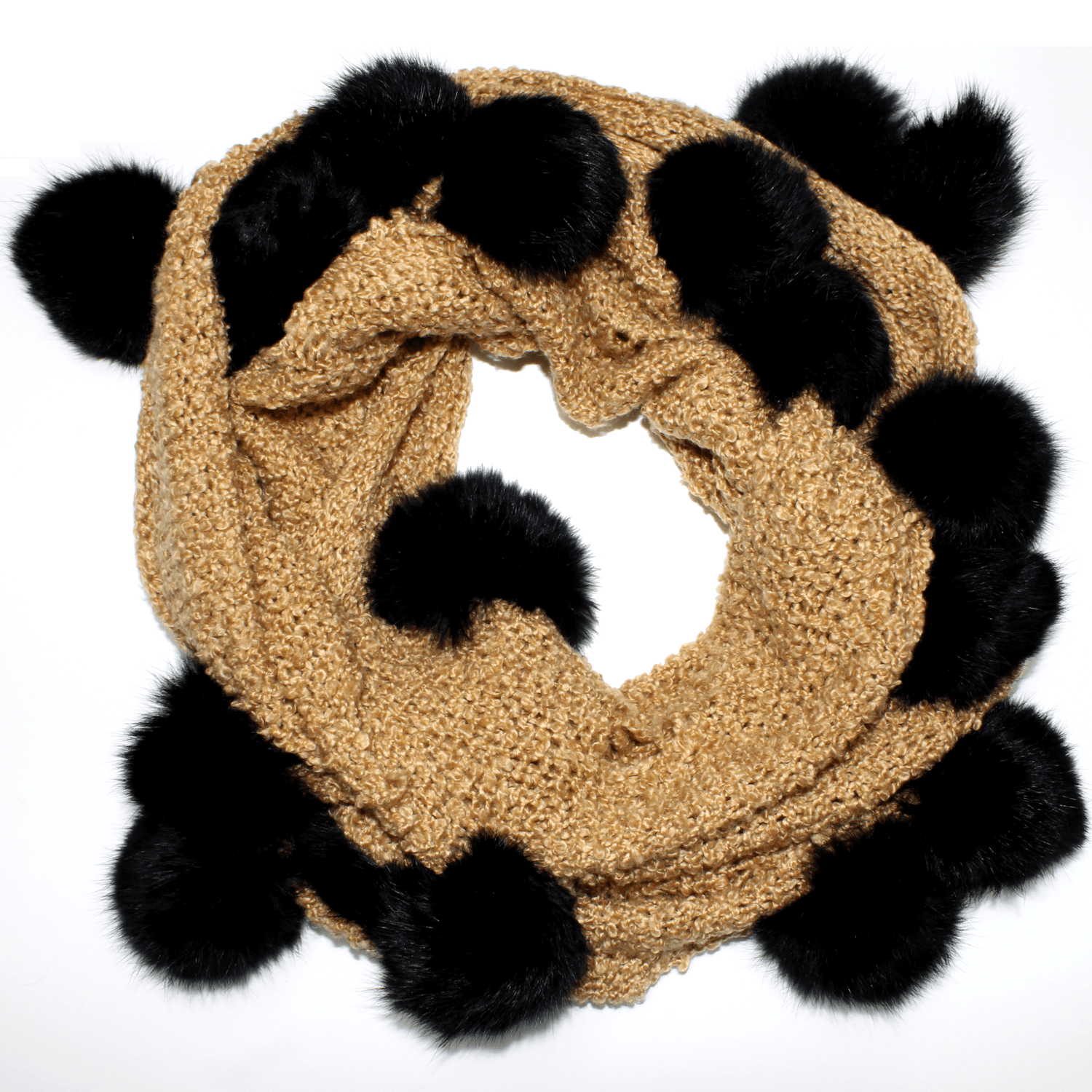 Knit Infinity Scarf w/ Rabbit Fur Pom Poms - Yellow - Fur Muffler - La Fiorentina YY3668