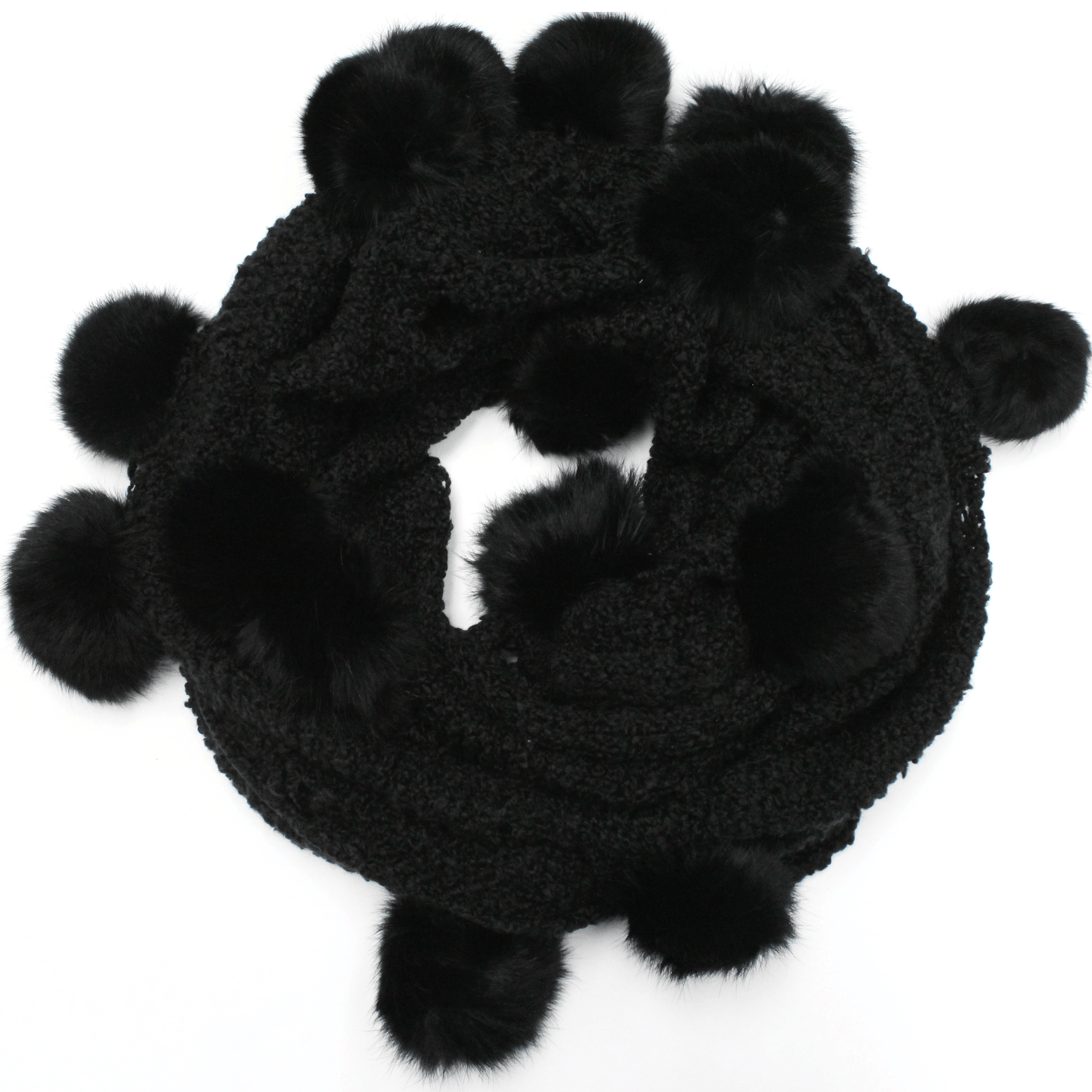 Knit Infinity Scarfw/ Rabbit Fur Pom Poms - Black - Fur Muffler - La Fiorentina YY3668