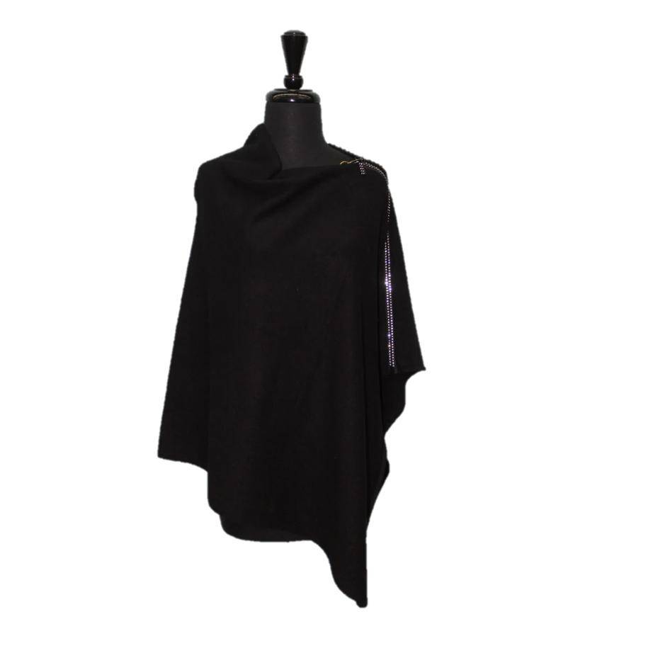 Knit Poncho with Embellished Zipper- Black - Poncho - La Fiorentina BE04