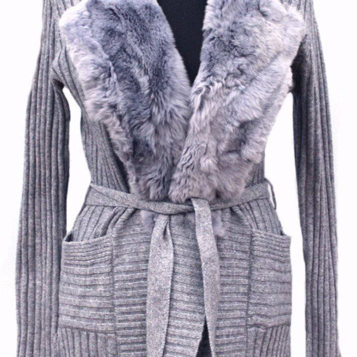 Knit Ribbed Sweater with Rex Rabbit Fur Envelope Collar-Light Grey - Sweater - La Fiorentina '302358