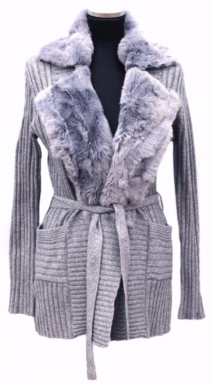Knit Ribbed Sweater with Rex Rabbit Fur Envelope Collar-Light Grey - Sweater - La Fiorentina '302358