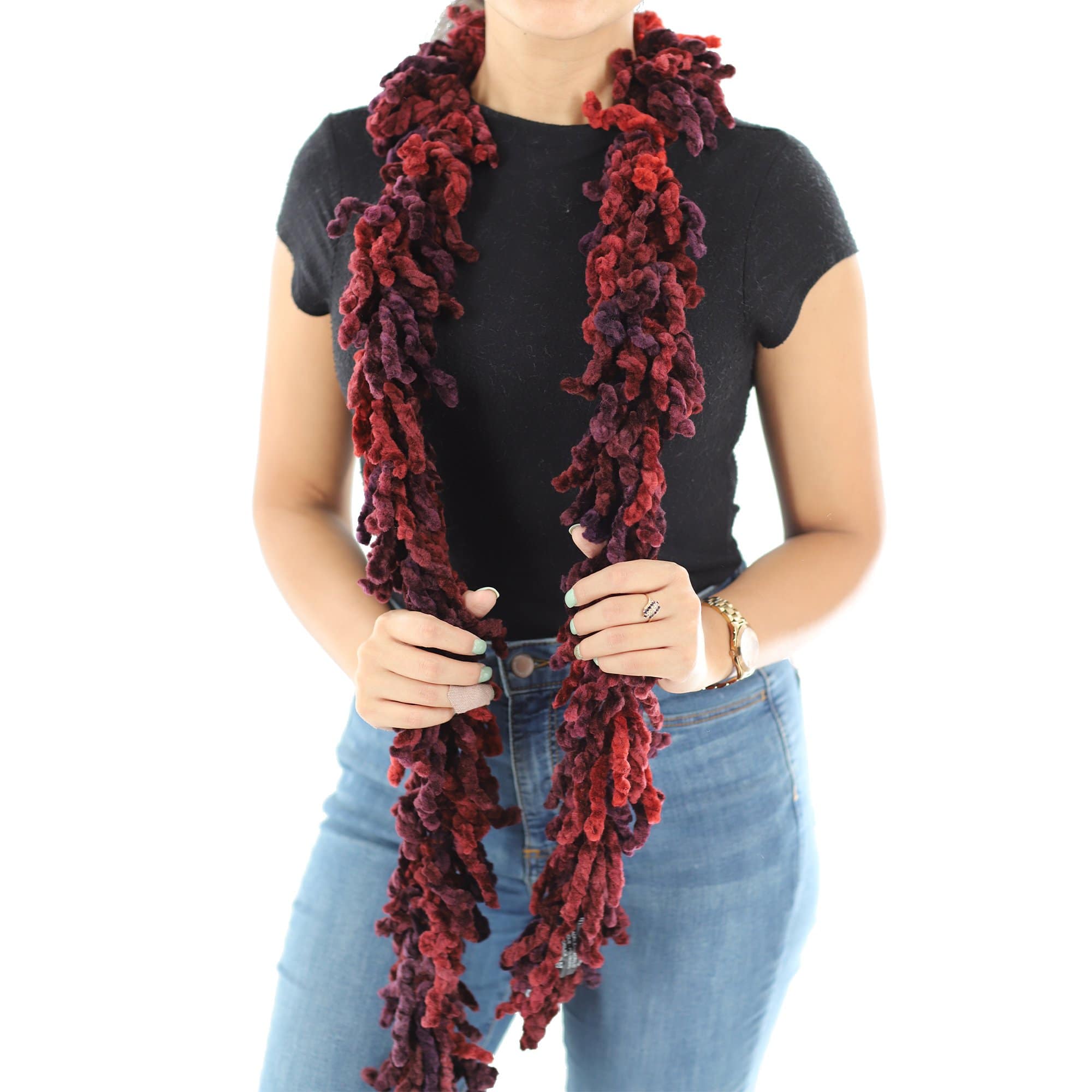 Knitted Hand Painted Shawl with Double Trimmed Border - Muffler - La Fiorentina, Wine BOA-IVORYBROWN