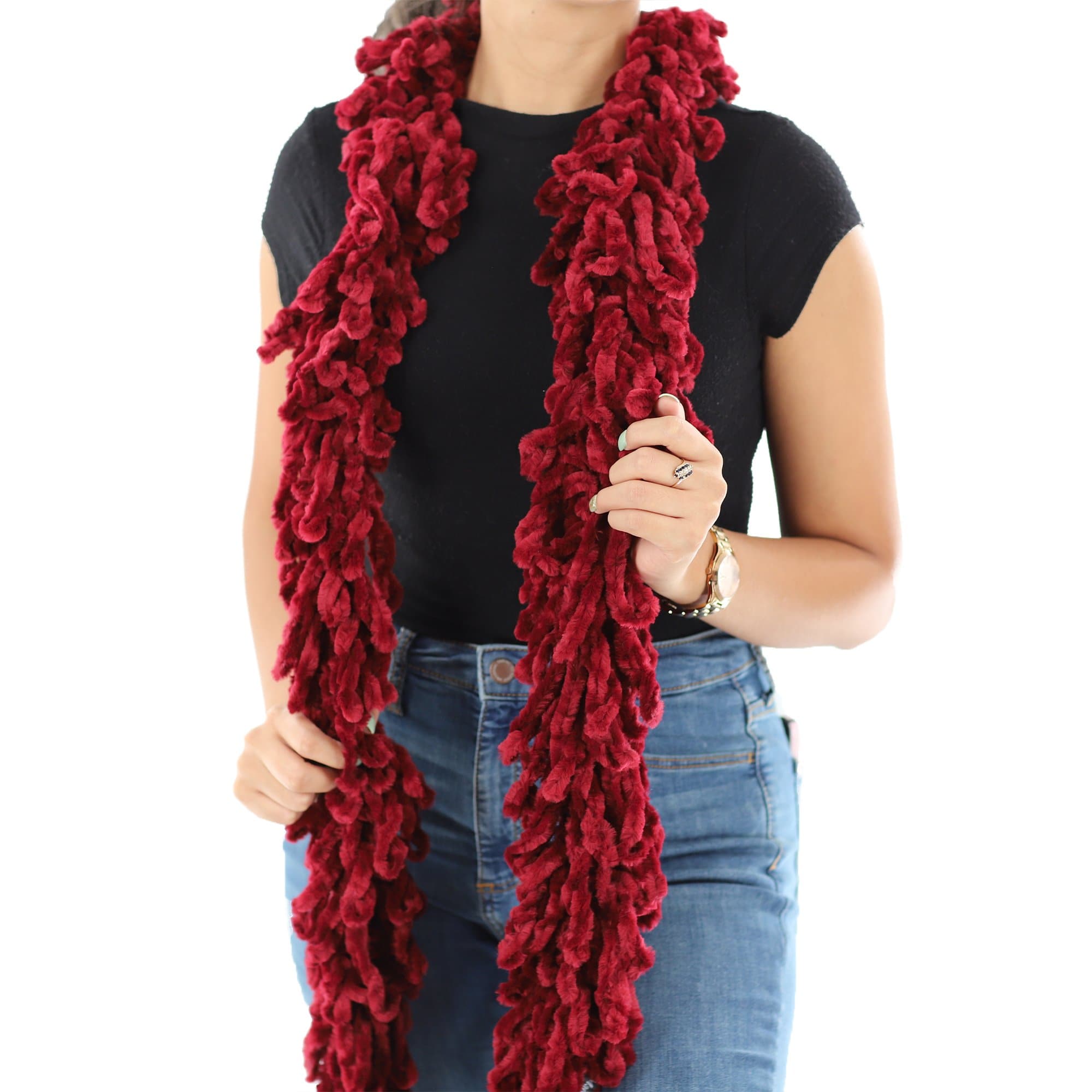 Knitted Hand Painted Shawl with Double Trimmed Border - Muffler - La Fiorentina, Wine BOA-IVORY