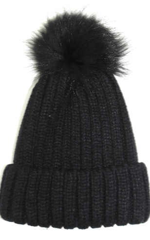 KNITTED HAT WITH FUR POM - BLACK - Hat - La Fiorentina, Black NF16AC01