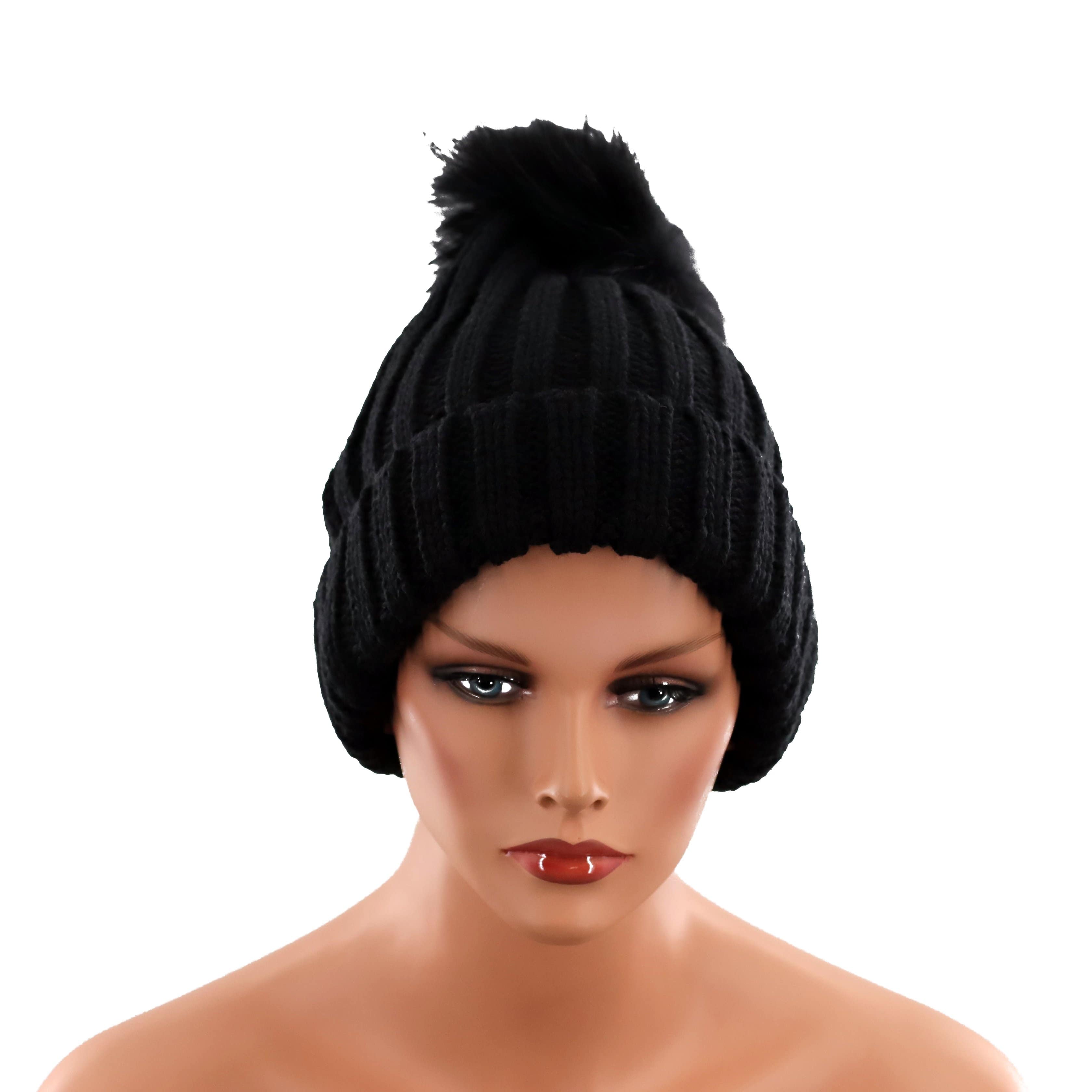 KNITTED HAT WITH FUR POM - BLACK - Hat - La Fiorentina, Black NF16AC01