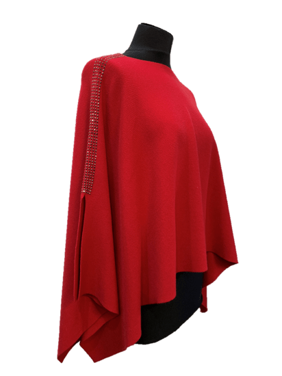 Knitted Poncho with Embellishment - Poncho - La Fiorentina, Red BE1919
