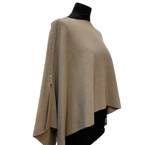 Knitted Poncho with Embellishment - Poncho - La Fiorentina, Oatmeal BE1919