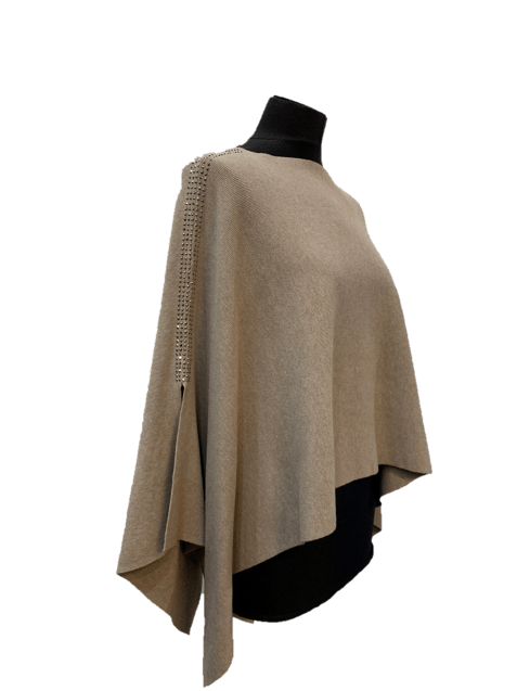 Knitted Poncho with Embellishment - Poncho - La Fiorentina, Oatmeal BE1919