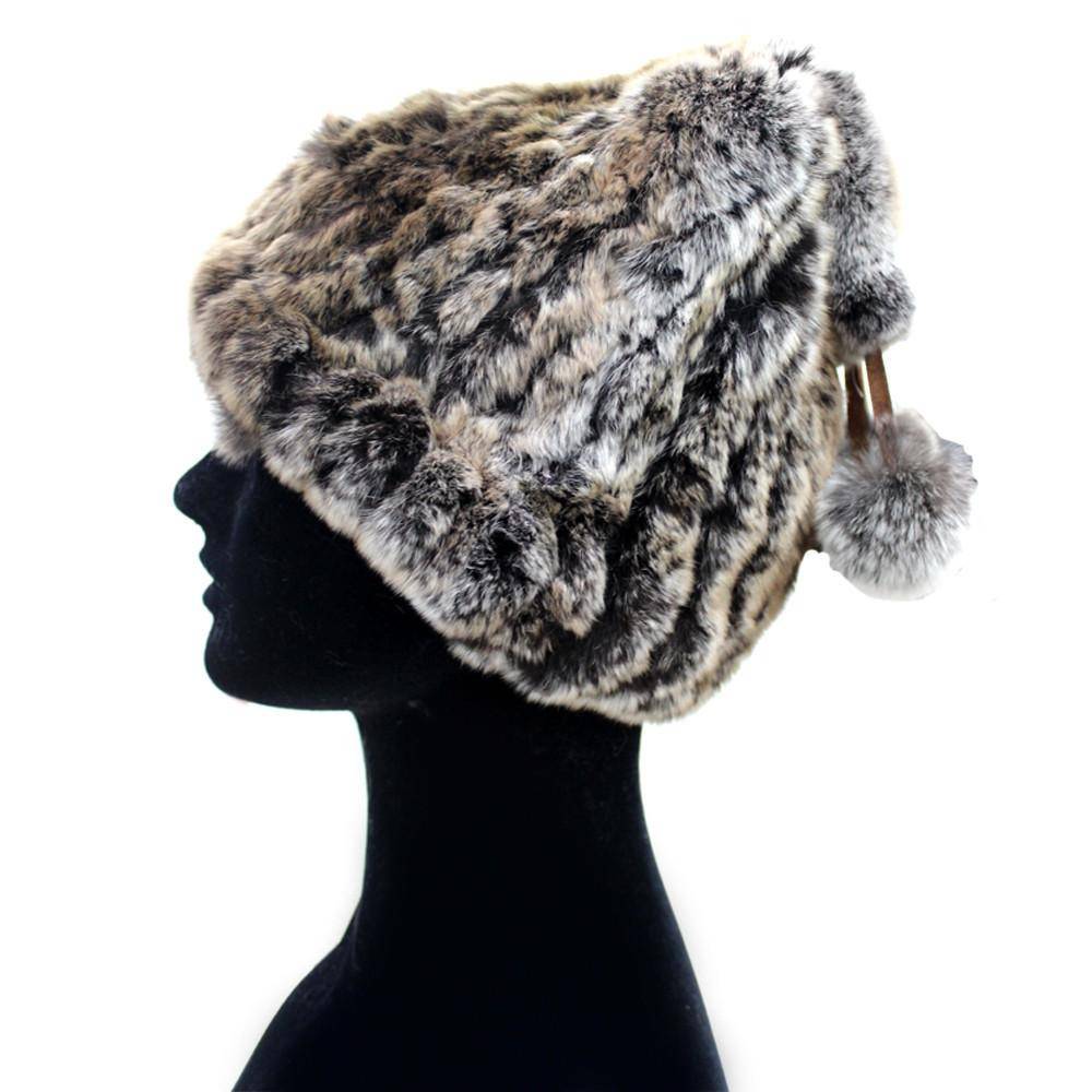 Knitted Rex Rabbit Fur Hat with Pom Poms-Brown - Hat - La Fiorentina H-08A