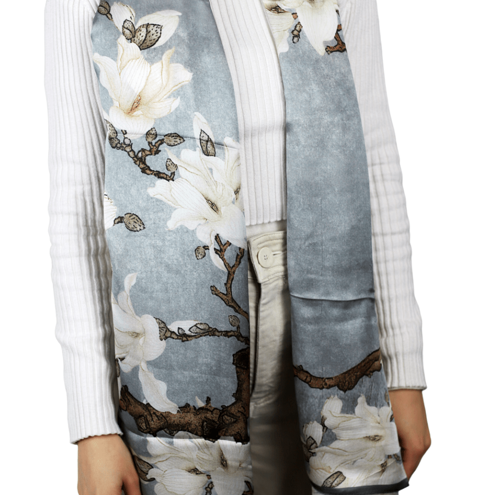 La Fiorentina 100% Silk Floral Print Silk Scarf - Grey - Silk Scarf - La Fiorentina SILK-2301