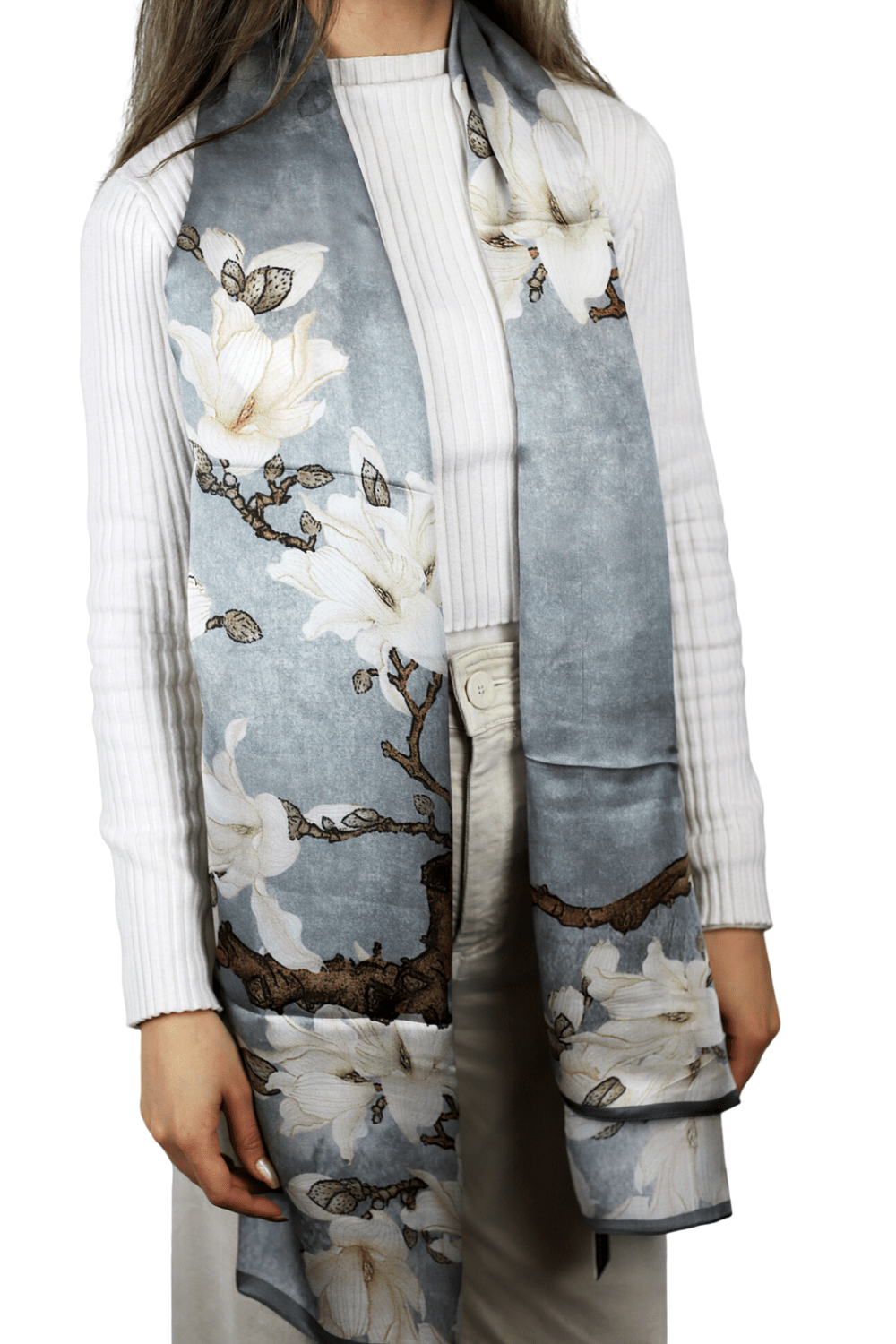 La Fiorentina 100% Silk Floral Print Silk Scarf - Grey - Silk Scarf - La Fiorentina SILK-2301