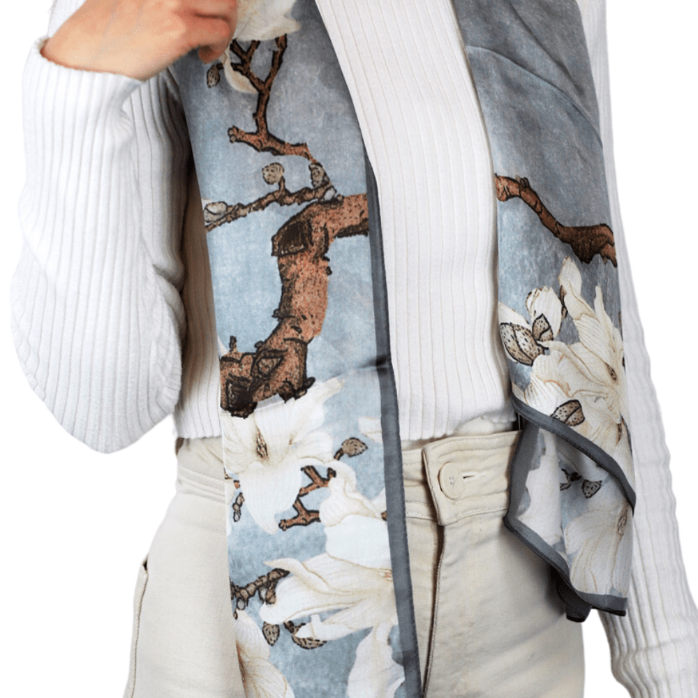 La Fiorentina 100% Silk Floral Print Silk Scarf - Grey - Silk Scarf - La Fiorentina SILK-2301