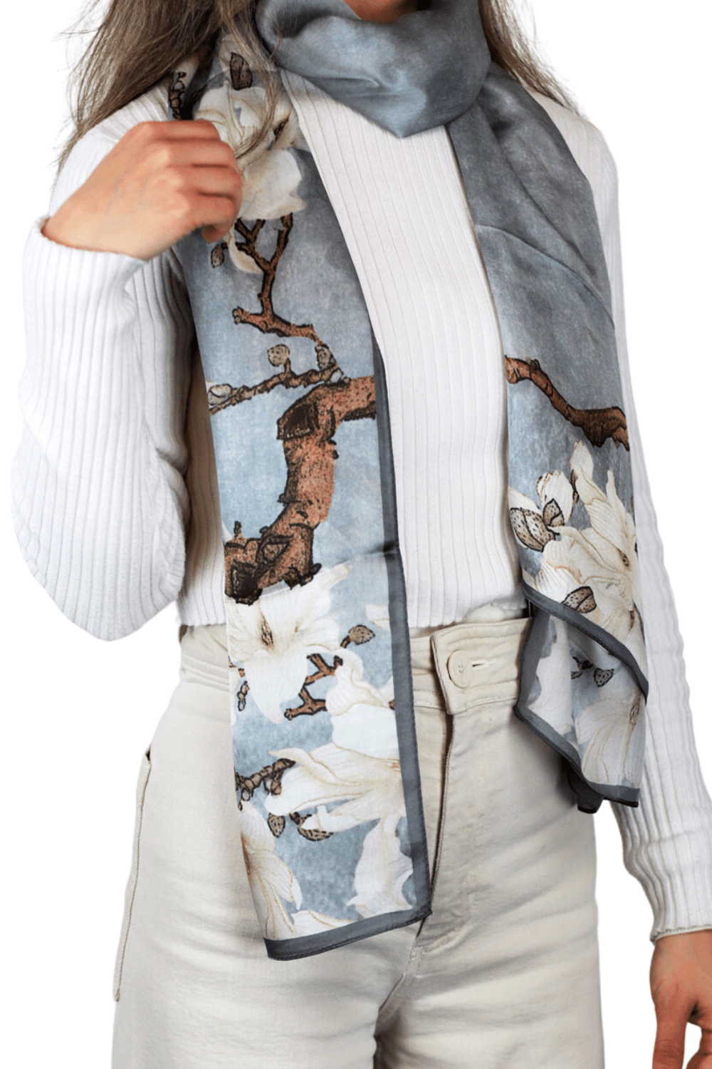 La Fiorentina 100% Silk Floral Print Silk Scarf - Grey - Silk Scarf - La Fiorentina SILK-2301