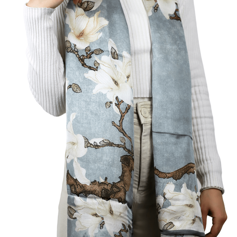La Fiorentina 100% Silk Floral Print Silk Scarf - Grey - Silk Scarf - La Fiorentina SILK-2301