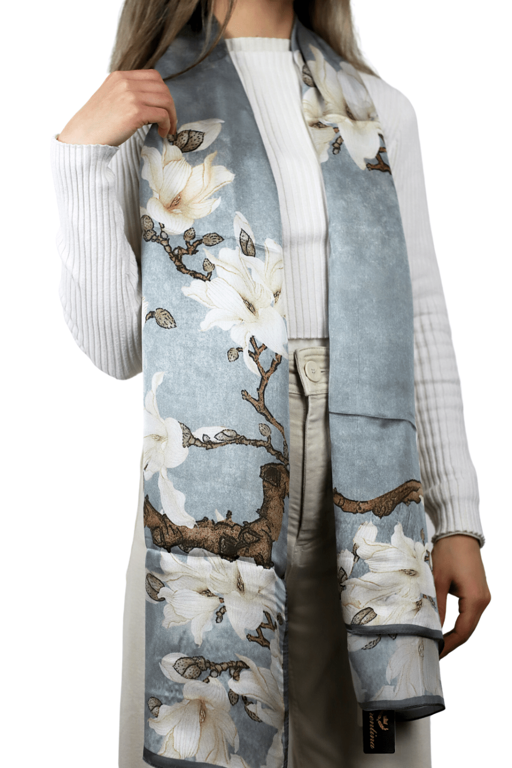 La Fiorentina 100% Silk Floral Print Silk Scarf - Grey - Silk Scarf - La Fiorentina SILK-2301